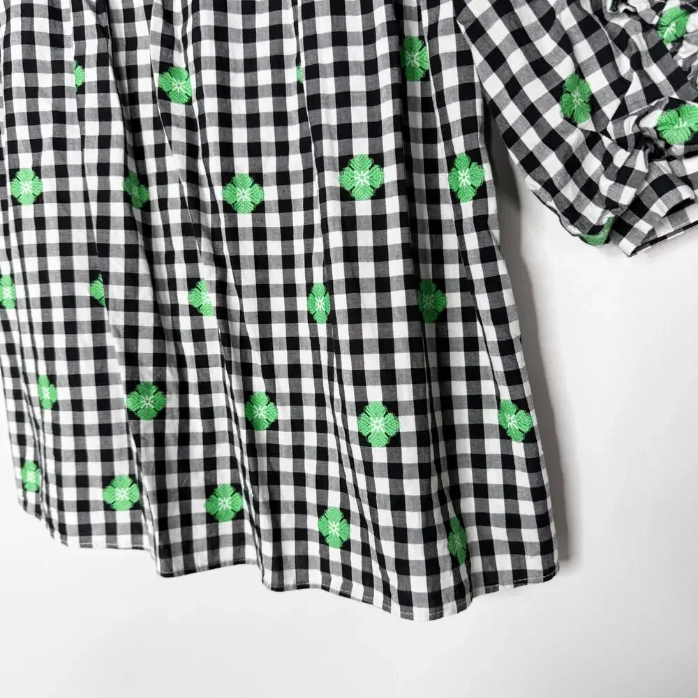 Kate Spade XS Black White Green Gingham Voile Blouse Puff Sleeves Square Neck